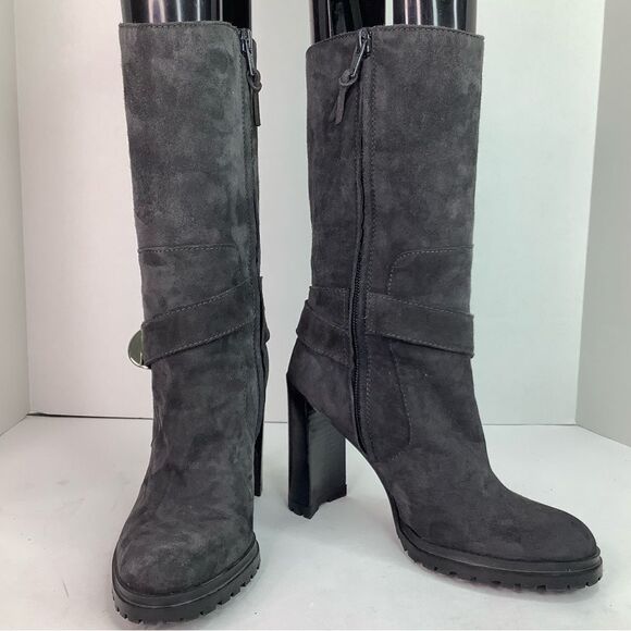 STUART WEITZMAN Gray Suede Mid Calf Women’s Ankle Heel Booties Sz US 5.5 - Picture 2 of 10